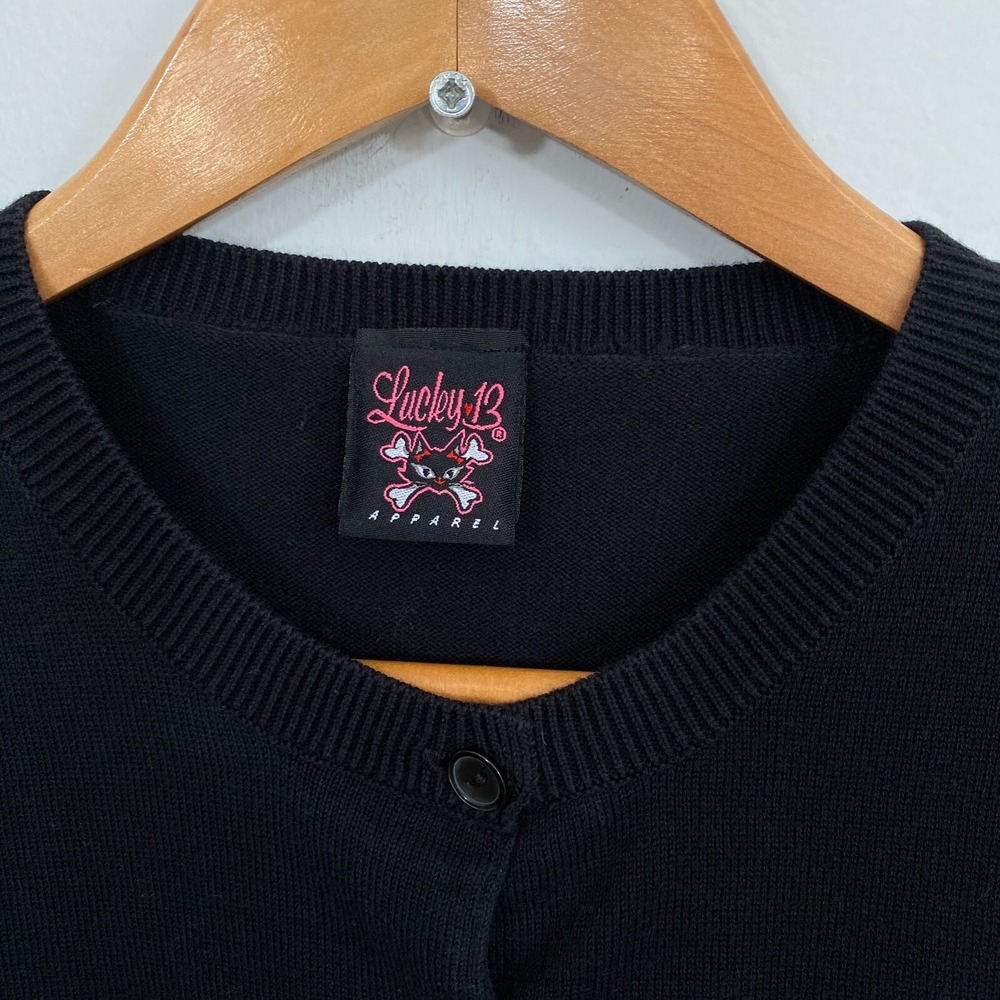 Lucky 13 Cardigan Women Sz Medium Black Burlesque Pin Up Girls Heartbreaker Y2K - Picture 4 of 11